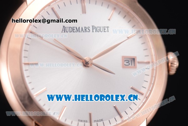 Audemars Piguet Jules Audemars Clone AP Calibre 3120 Automatic Rose Gold Case with Silver Dial Stick Markers and Brown Leather Strap (EF) - Click Image to Close